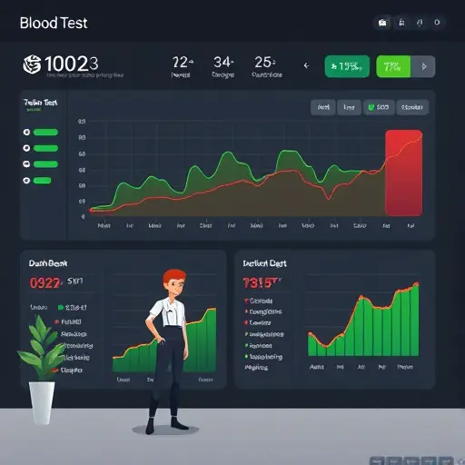 dashboard visualization of longitudinal blood test trends (CBC, glucose, lipids) with green highlights and red flags, clean dark theme, minimal infographic style, no text