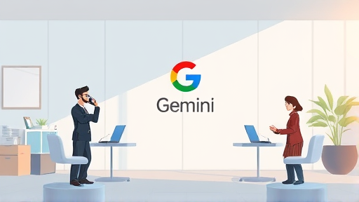 modern AI website landing page, cartoon illustration, showing Google Gemini logo and technology elements, abstract background, text-free, cinematic style