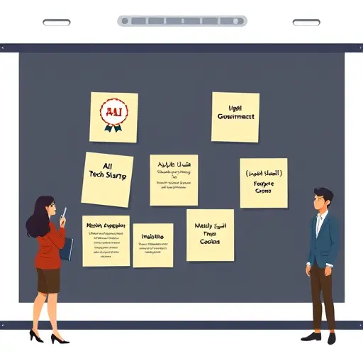 illustration of AI prompt templates on a dark UI, sticky notes showing different industries like tech startup, healthcare, ecommerce, government;