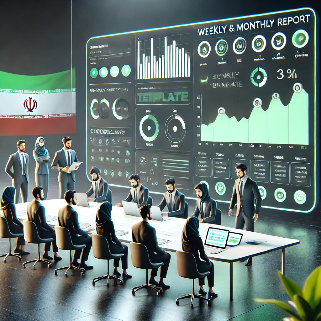 clean animated dashboard generating weekly and monthly report templates with KPI table, checklists, and timeline, dark theme, green accent, text-free