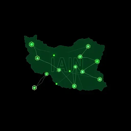 abstract map of Iran with connected AI nodes symbolizing access to multiple models without restrictions, dark background, green accent #94d3a2, minimalist tech illustration, text-free