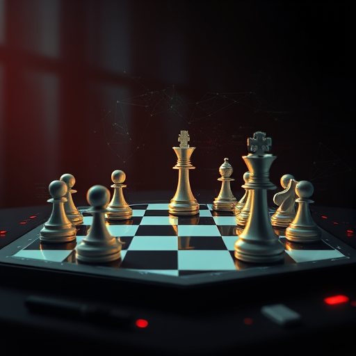 illustration, a chessboard with AI digital elements, glowing neural network overlays, animated chess pieces moving, technology theme, dark background, text-free