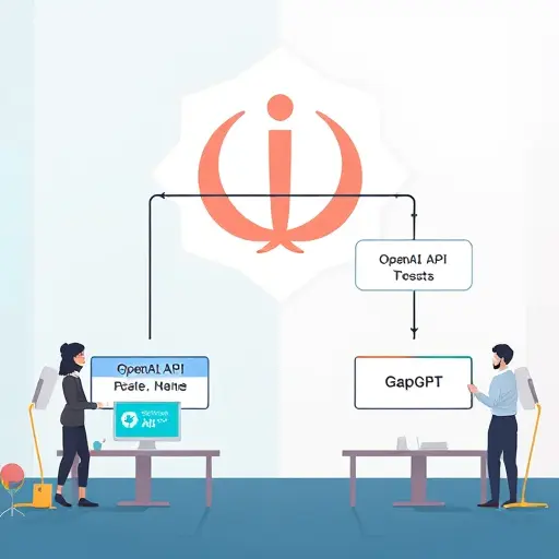modern API architecture diagram illustration showing two alternative paths, one path labeled OpenAI API with a VPN/