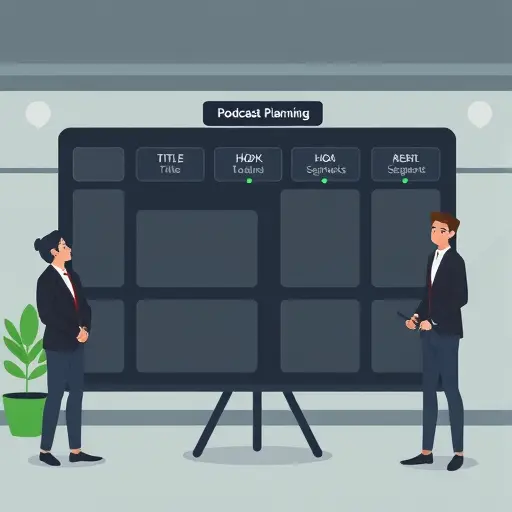 animated podcast planning board with sections labeled title, hook, segments;