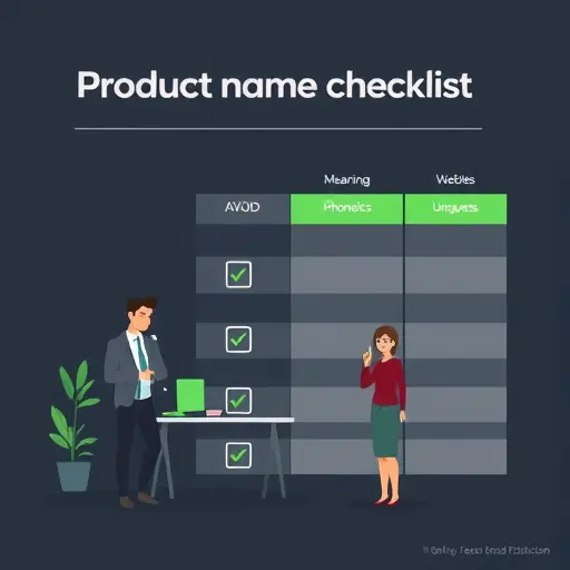 illustration of a product name evaluation checklist with icons for meaning, phonetics, uniqueness, domain, trademark; dark theme, green accents, minimal, text-free