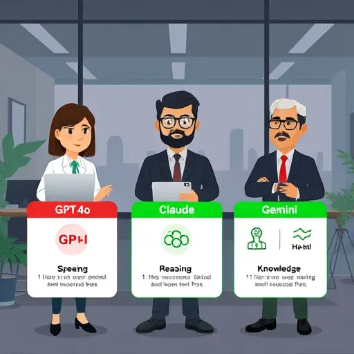 animated comparison cards labeled GPT-4o, Claude, Gemini with icons for speed, reasoning, knowledge
