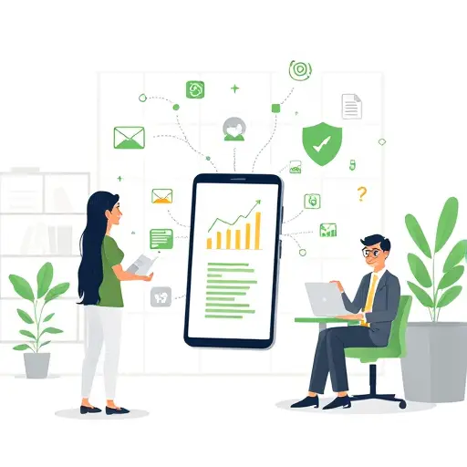 illustration of daily life enhanced by AI, icons of email, graphs, chat bubbles around a smartphone, animated, green accent colors, abstract, no text