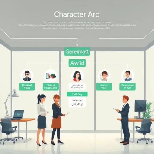 cartoon flowchart illustrating character arc stages (setup, conflict, midpoint, climax, resolution)