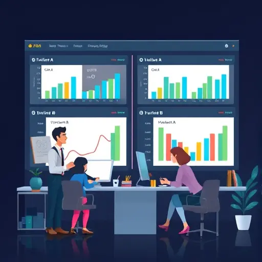 split-screen A/B testing dashboard illustration, variant A and variant B cards with CTR charts, dark background, clean data visualization, no text