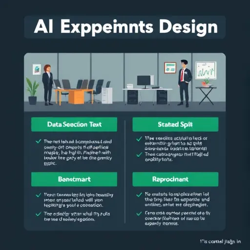 animated checklist for AI experiment design: data selection, stratified split, benchmark, reproducibility; dark background, green accents, clean infographic, no text