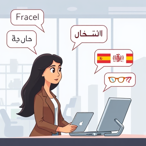 cartoon AI assistant simulating everyday Spanish conversations with a user, showing dialogue bubbles for various scenarios (shopping, travel, dining)