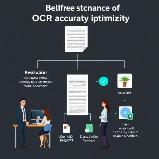 illustration of OCR accuracy optimization: a scanned document going through steps labeled resolution, file format, preprocessing; icons for 300-400 DPI, PNG/TIFF, deskew/denoise/threshold;