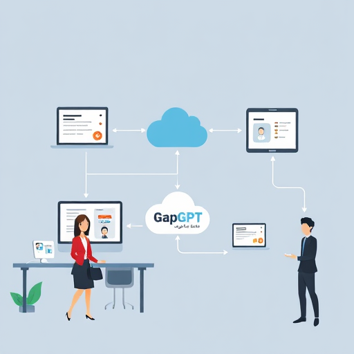 animated flowchart showing an app ()(GapGPT logo as the API hub), returning a voice/