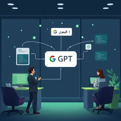 animated schematic of app interface connecting to GapGPT API server, message exchange flow, code snippets floating in the background, green accent, text-free
