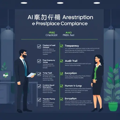 illustrated checklist for AI medical e-prescription compliance, icons for consent, transparency, audit trail, encryption, human-in-the-#94d3a2
