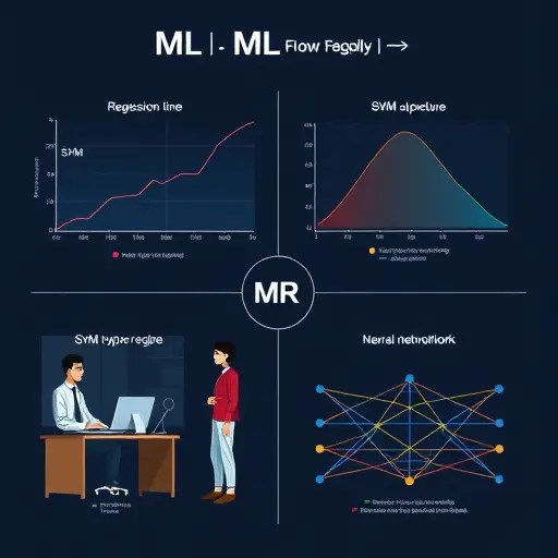 clean infographic illustrating four ML algorithms (regression line chart, decision tree structure, SVM hyperplane with support vectors, simple neural network layers)