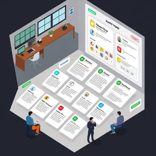 isometric game design sheet with NPC profile cards and quest hook matrix, icons for motivation, risk, reward, dialogue tone, dark UI with green highlights, minimalist, text-free