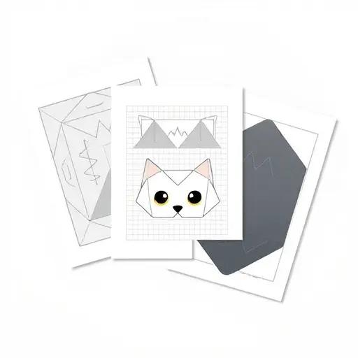 flat lay illustration of printable craft templates on A4 sheets: an origami fold pattern with valley/
