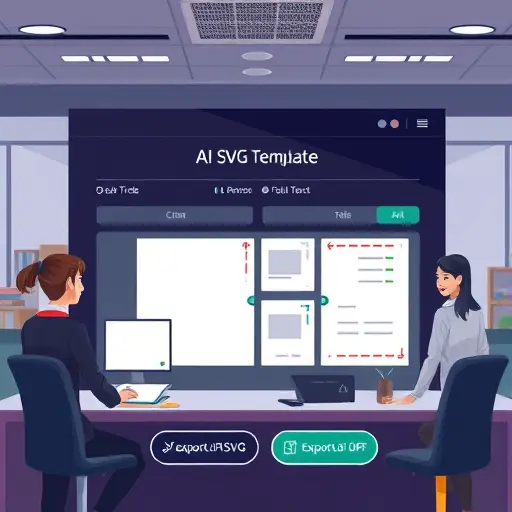 animated UI illustration showing an AI tool generating a clean SVG template with fold and cut lines, export buttons for PDF/
