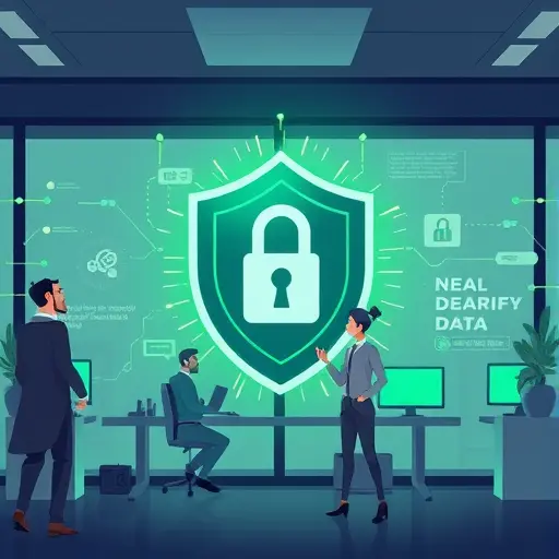 animated illustration showing a secure AI shield protecting data streams, digital locks, and glowing neural network patterns, cartoon style, tech green accent, text-free