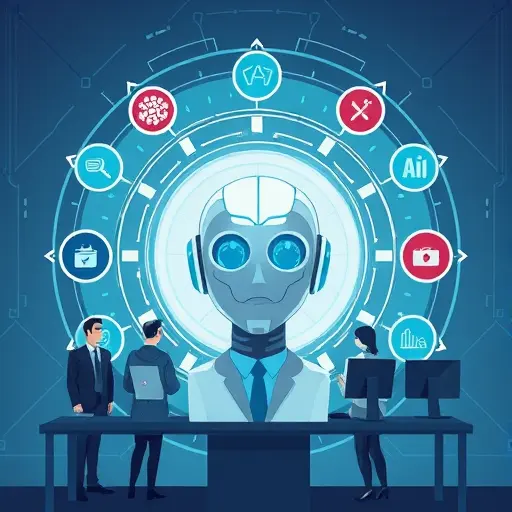 technology cartoon illustrating an AI model surrounded by cybersecurity icons (shield, firewall)