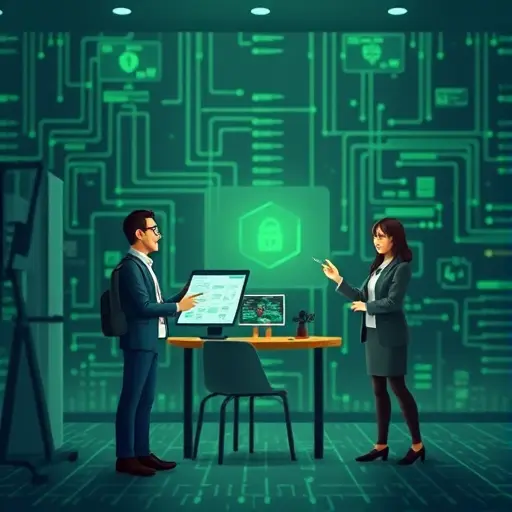 Pictorial representation of data protection in artificial intelligence, animated characters analyzing errors, computer network grid, accent green and dark background, no text