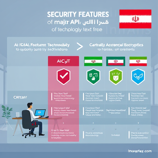 modern infographic comparing security features of major AI APIs (OpenAI, Anthropic, Google, GapGPT), shield icons, encrypted data, Iranian flags, cartoon style, no text