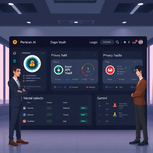 (GapGPT-like) showing secure API key vault, privacy toggles, and model selector (GPT, Claude, Gemini)