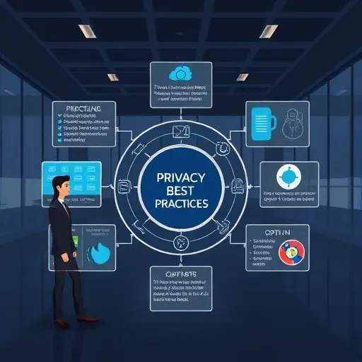diagram-style illustration of privacy best practices: RBAC, audit logs, data minimization, opt-in consent;