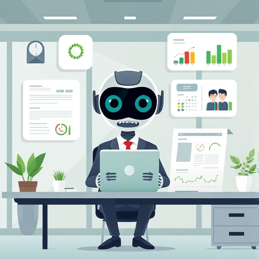 cartoon illustration of an AI agent working on various tasks: