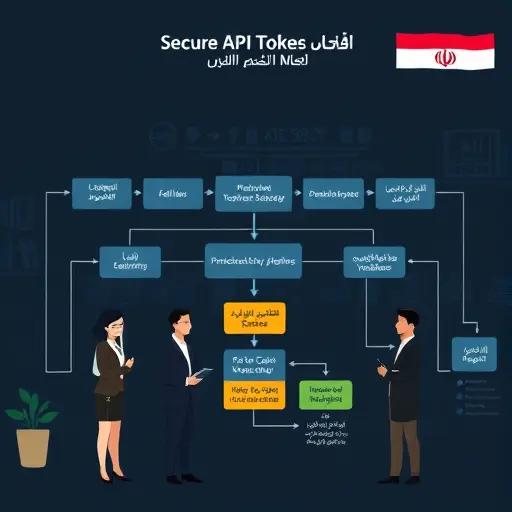 flowchart diagram, secure API token handling and environment variables in app deployment, Iranian tech background, dark theme, no foreign text