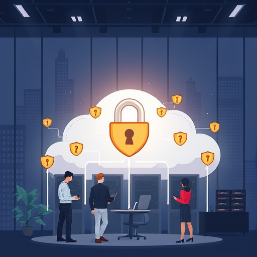 cartoon-style illustration of a locked server cloud representing secure data storage, API access points with shield icons, flat design, night color palette, text-free