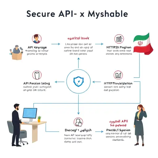 cartoon style flowchart illustrating secure API integration steps: API key storage, HTTPS transmission, server-