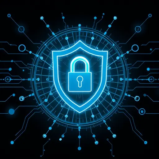 cybersecurity shield around electronic health records, AI neural network, lock icons, Iranian-style geometric pattern subtly integrated, dark theme, no text