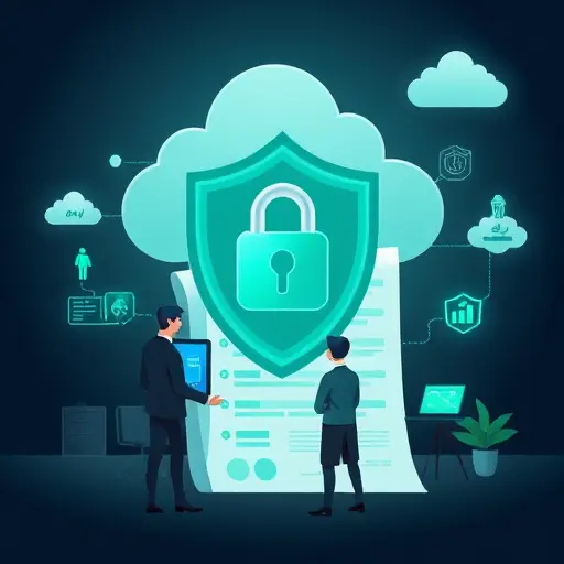 illustration of data privacy for medical scans: shield and lock over a lab report, secure cloud icons, dark theme with green and blue accents, minimal, text-free