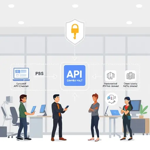 cartoon-style diagram of API data flow with security layers: encrypted channels, secured API key vault, firewall icons;