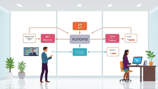 modern API architecture diagram illustration, showing a single unified API connecting to multiple AI models and vendors, abstract tech cartoon, elegant, no text, cinematic lighting
