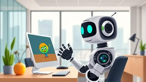 cartoon-style animation showing an AI robot artist enhancing a photo automatically, digital creativity, bright accent colors, friendly style, no text