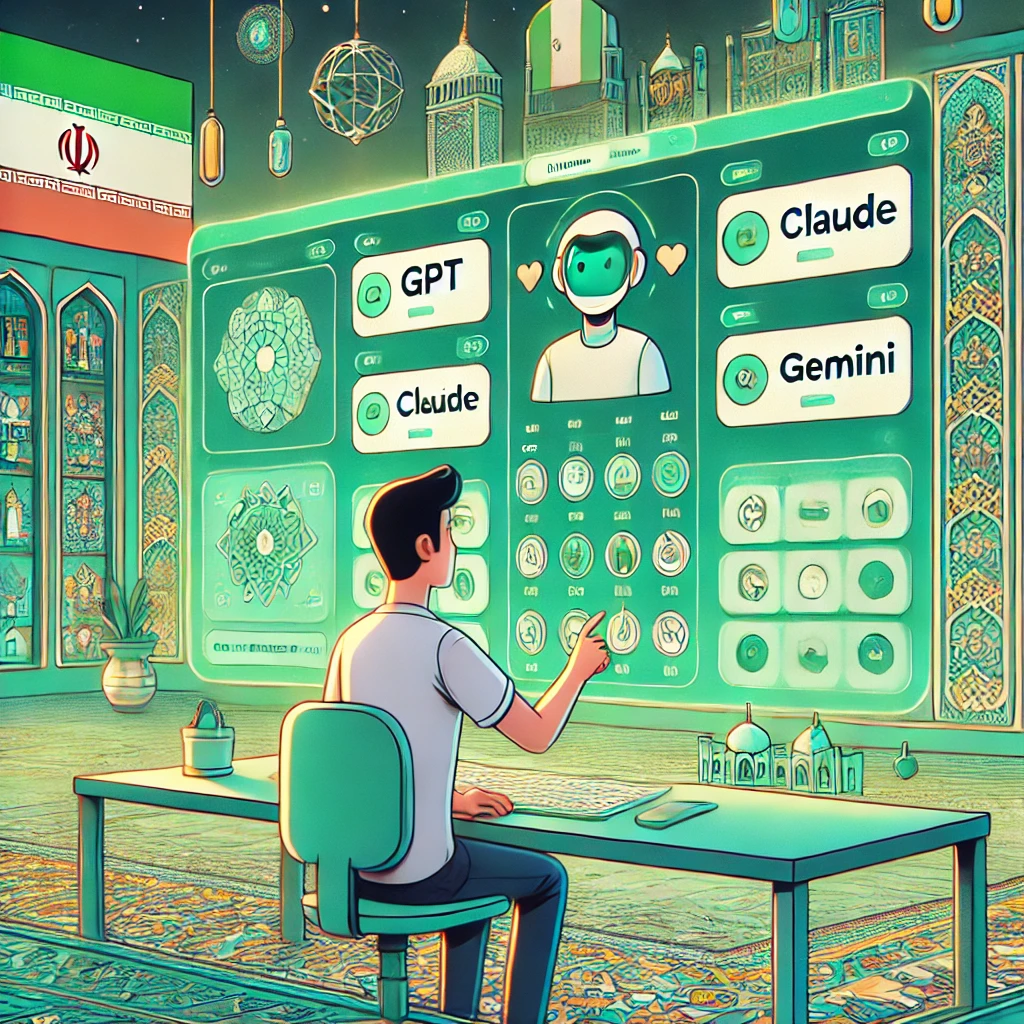 cartoon-style interface showing a user picking between various AI models (GPT, Claude, Gemini)