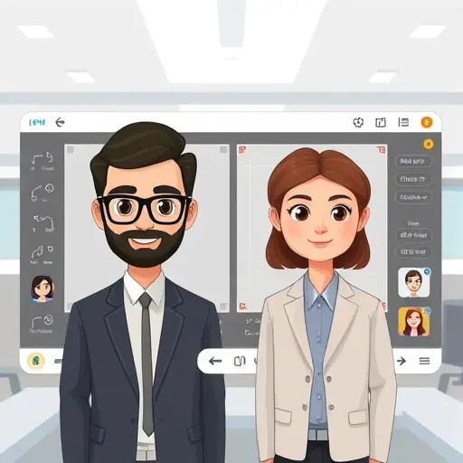 modern AI photo editor dashboard, animated controls for adjusting brightness, facial features, and backgrounds, two cartoon avatars on display, technology style UI, text-free