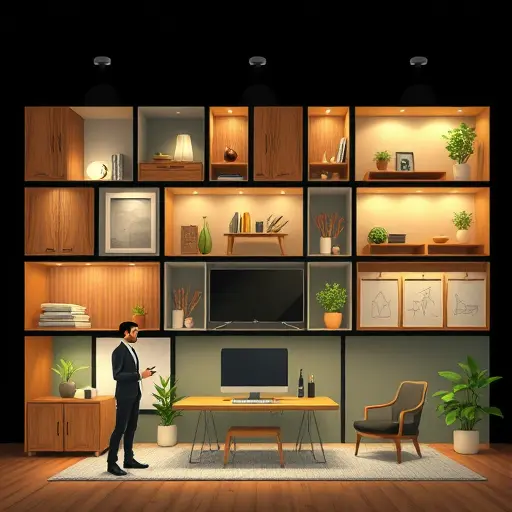 animated moodboard for home interior, tiles showing materials (wood, fabric, lighting), icons for modern/minimal/classic, clean UI style, dark background, accent green highlights, text-free