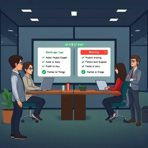 cartoon style illustration of text generation evaluation, A/B test UI with two AI outputs, checkmarks and warning icons, dark theme, green accent, text-free