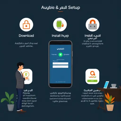 illustrated Android smartphone setup steps with icons (download, install, login)