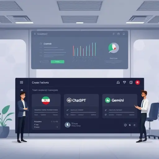 three elegant cards representing ChatGPT, Claude, and Gemini with distinct icons, dark themed dashboard, Iranian-