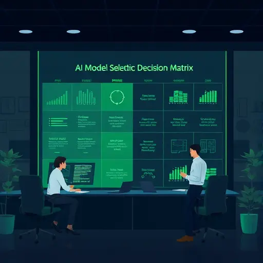 clean illustration of an AI model selection decision matrix, animated style, dark theme, green accent colors matching #94d3a2