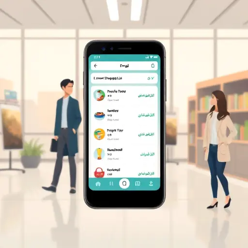 animated illustration of a smartphone showing a smart shopping list app powered by AI, categorized items (groceries, hygiene, household)