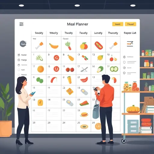 animated weekly meal planner turning into a categorized shopping list, icons for breakfast/lunch/
