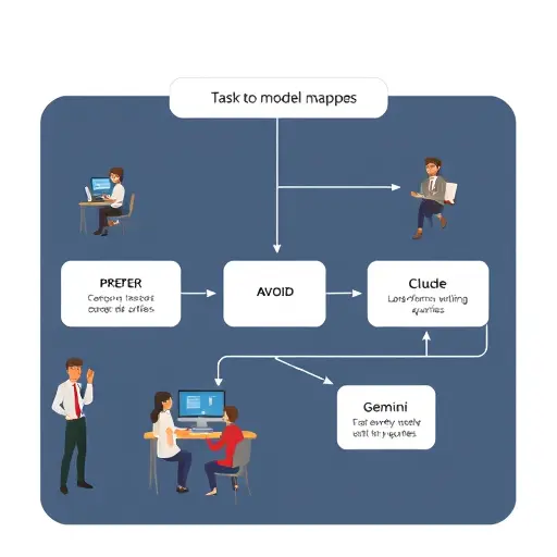 animated flowchart showing task-to-model mapping: coding/reasoning -> GPT-4, long-form writing -> Claude, fast everyday queries ->