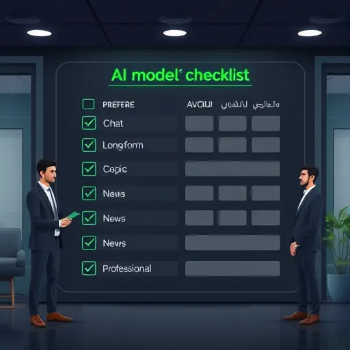 modern decision checklist board for AI model selection, dark UI with green highlights, icons for chat, long-