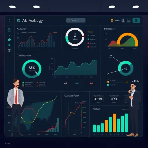 clean illustration of AI metrics dashboard on dark theme, showing accuracy, precision, recall, F1